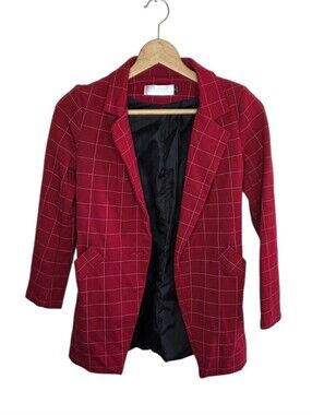 ALYY Red Windowpane Plaid Blazer Jacket Size Medium Office Work Classic